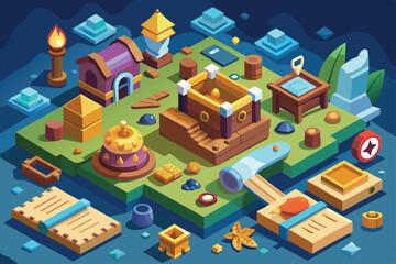 Obraz premium Explore a vibrant isometric layout filled with treasure chests and puzzles for an exciting treasure hunt adventure, Treasure hunt Customizable Isometric Illustration