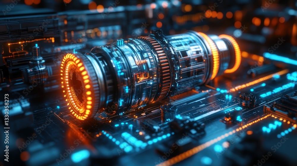 Poster advanced futuristic engine with glowing components. detailed close-up view of intricate mechanical p