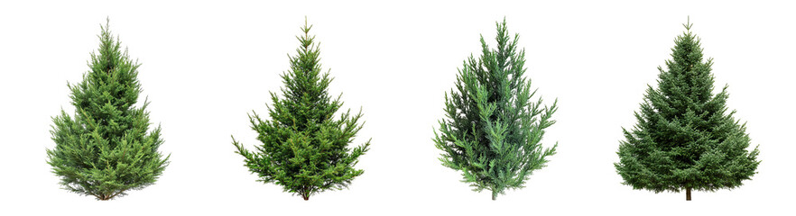 Different Varieties of Lush Green Evergreen Trees in a Row, PNG bundle collection, Isolated on Transparent Background