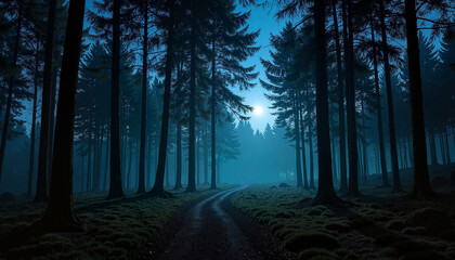 Fototapeta premium Mysterious moonlit forest with misty path, enchanting serenity