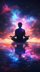 Man meditating, cosmic reflection.