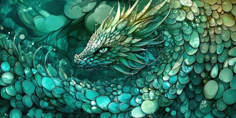 An artistic depiction of a turquoise dragon in swirling waters