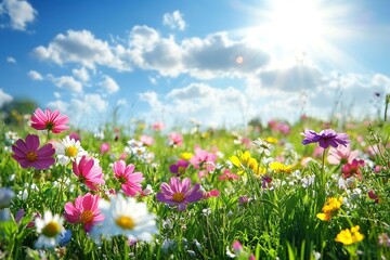 Field with different spring flowers and sunlights