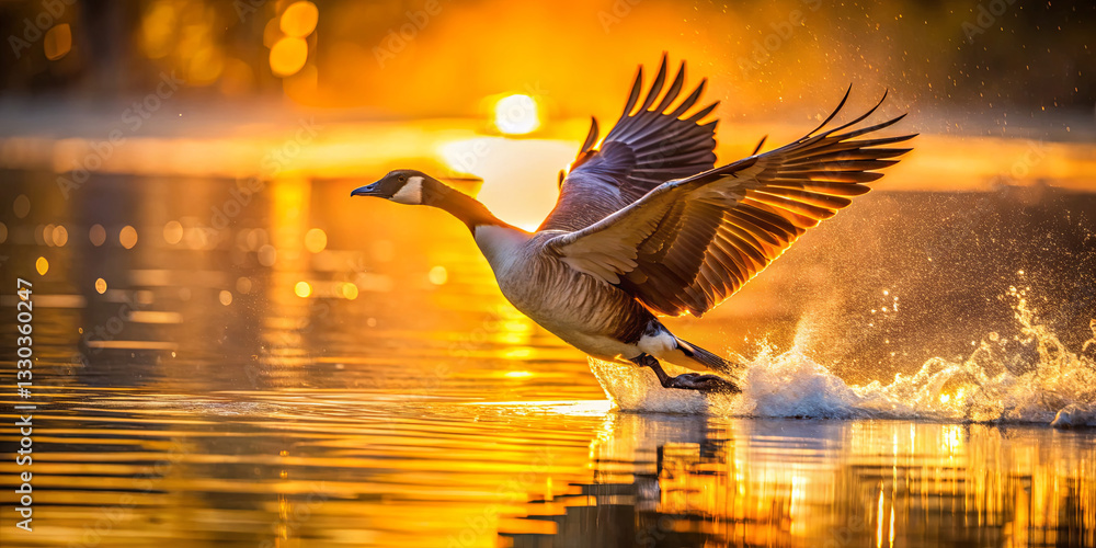 Aufkleber a graceful bird spreads its wings while taking off from calm water, creating ripples and splashes. t