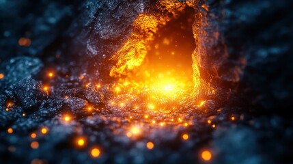 Glowing portal within a dark, rocky cavern