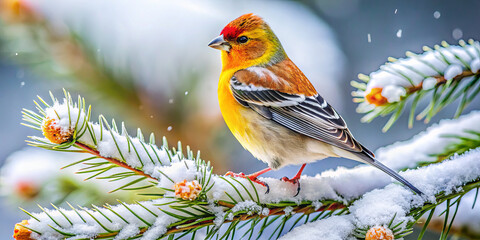 Fototapeta premium A bright bird with orange, yellow, and green feathers sits on a snow-laden pine branch. Soft snowflakes gently fall around it, creating a peaceful winter atmosphere in the forest