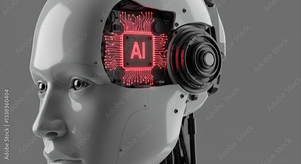 Poster artificial intelligence modern robot head. ai microchip cpu inside robotic cranium for neural networ