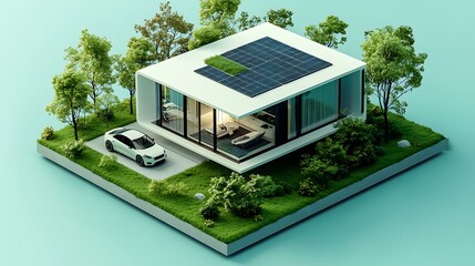 Sustainable modern house with solar panels and eco-friendly green design

