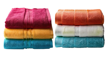 Colorful Assortment of Soft, Plush Towels Stacked Neatly on Display, PNG bundle collection, Isolated on Transparent Background