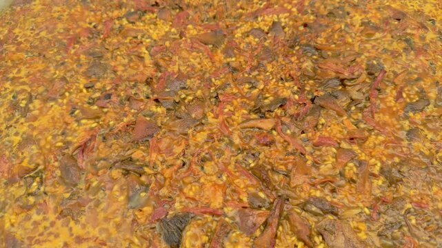 Duck paella Valencia recipe cooking on pan Mediterranean food