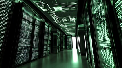 Data servers in a green lit corridor room