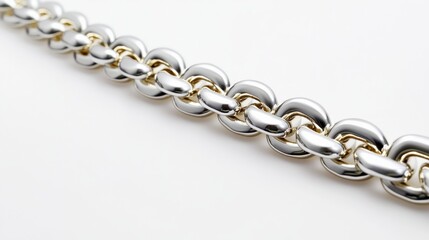 A close-up image of a shiny metal chain, representing strength and connection, against a clean background, emphasizing geometric shapes and reflective surfaces.