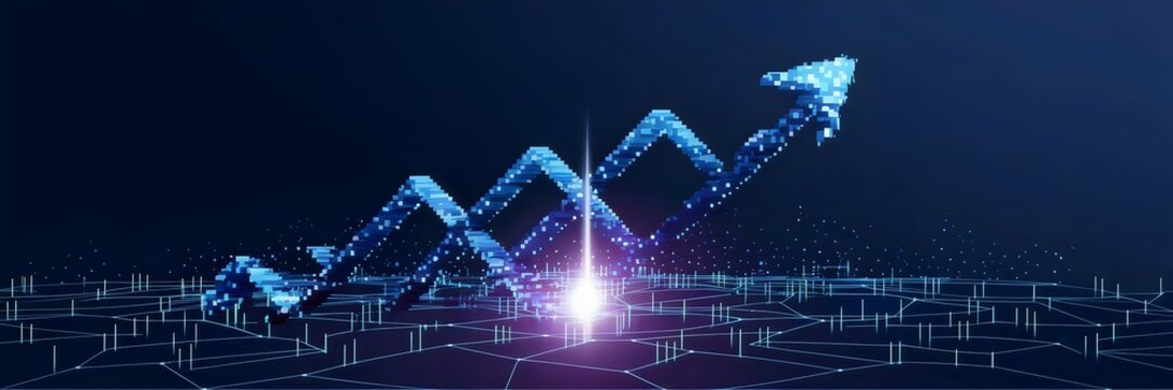 Pixelated data stream arrows emerging from glowing grid – Suitable for business analytics, AI decision-making, or predictive analytics content.