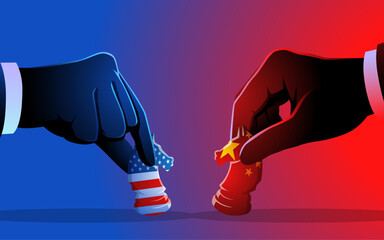 Two hands moving chess pieces symbolizing the United States and China. Represents geopolitical rivalry, global power struggle, trade war, economic competition, strategic and political tension