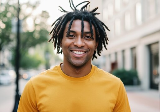 Smiling man with dreadlocks wearing a yellow shirt in an urban setting - Powered by Adobe