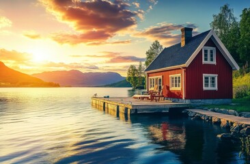 Obraz premium A red house by the water with a wooden dock and a sunset sky in Norway, Europe. Beautiful landscape scenery