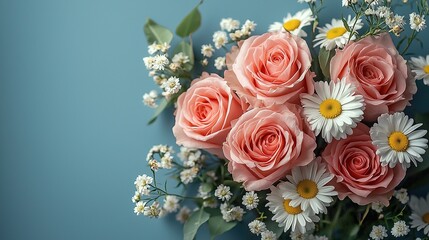 A close - up view of a beautiful bouquet composed of pink roses and daisies, set against a light blue, blurred bokeh background. The soft focus and natural lighting add to the dreamy atmosphere.