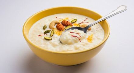 indian gujarati traditional sweet rice kheer pudding in bowl with spoon, also known in india various name as rabdi, firni, paayaasam, basundi, dudhpak, made from rice, milk, sugar, white background 