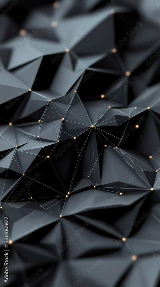 Poster Complex black low poly 3d surface with golden spheres and lines connecting them, creating a futuristic network