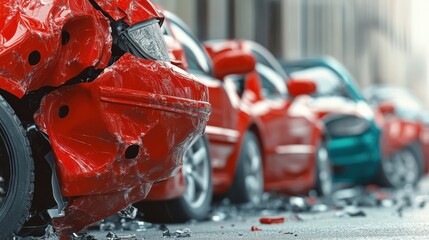 Fototapeta premium An impactful image of a damaged red car in an urban environment conveys the chaos and impact of accidents, highlighting the physical toll on vehicles and implicating the need for safety.