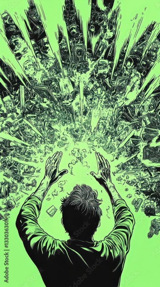 Poster a person reaching towards the sky in a burst of objects