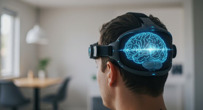 A person uses advanced mind-reading tech in a modern, futuristic room