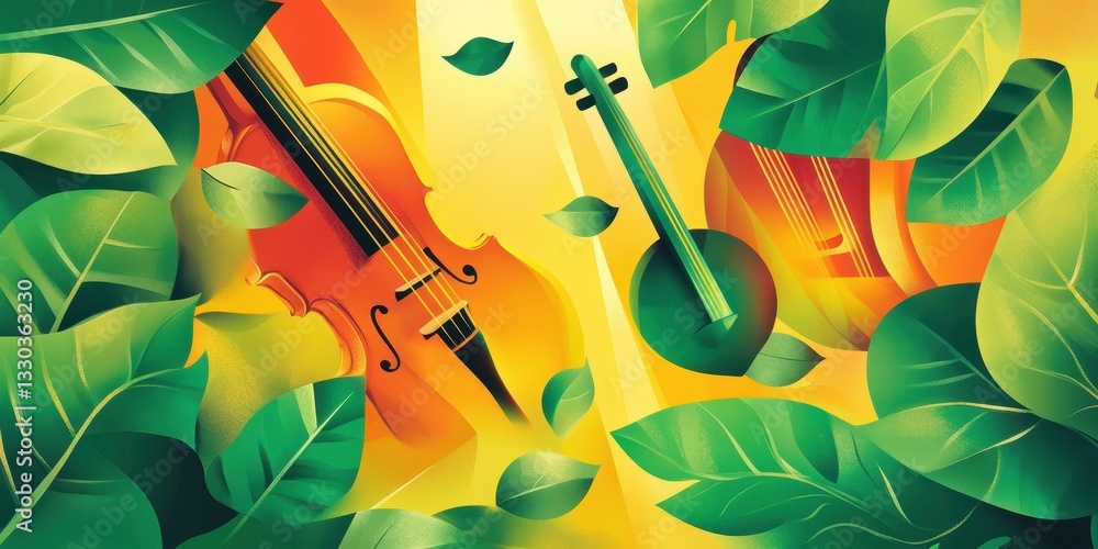 Poster a vibrant illustration featuring string instruments and foliage elements