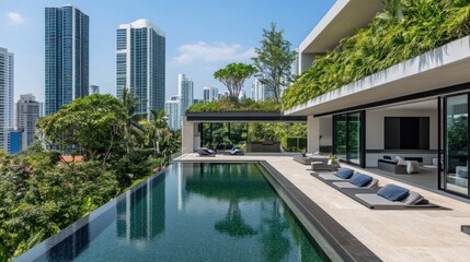 Modern architecture with a lush rooftop garden overlooking a city skyline