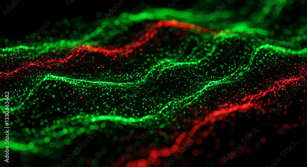 Poster abstract green and red light particle wave background, a futuristic big data visualization for scien