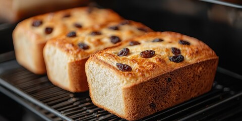 World baking day with homemade bread concept. Freshly baked loaves of bread cooling on a rack.
