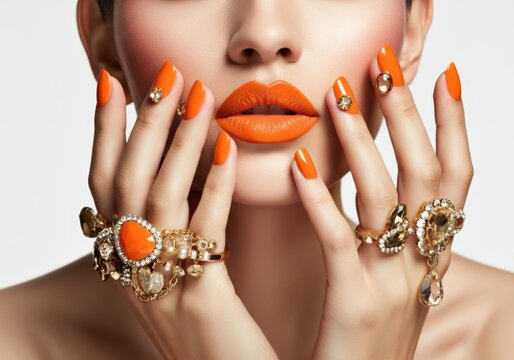 Stunning model showcasing vibrant orange nails and luxurious jewelry