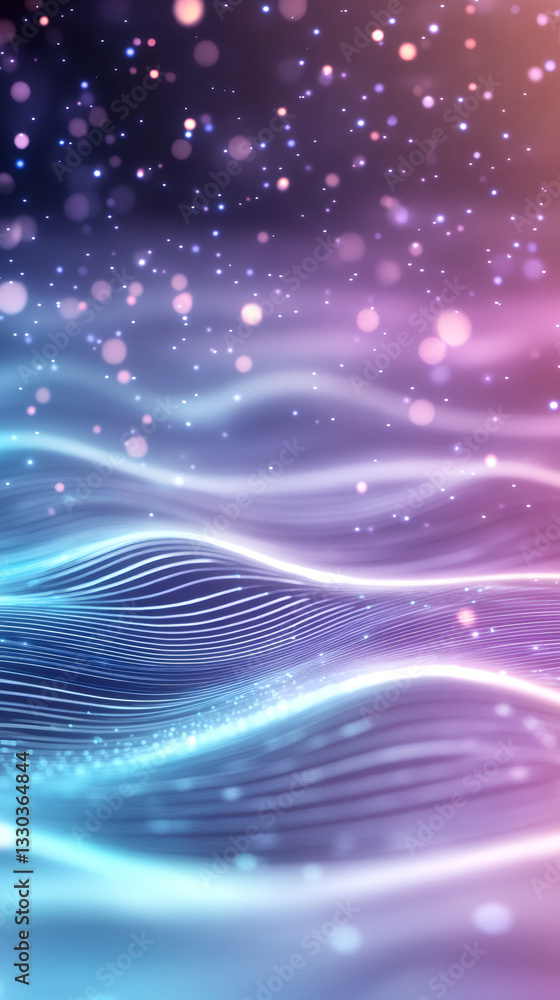 Aufkleber Glowing digital particles swirling dynamically, generating wavy patterns with soft bokeh illumination, representing technological and scientific motion