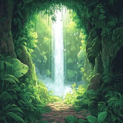 Obraz premium A luminous waterfall cascades in a lush and vibrant forest