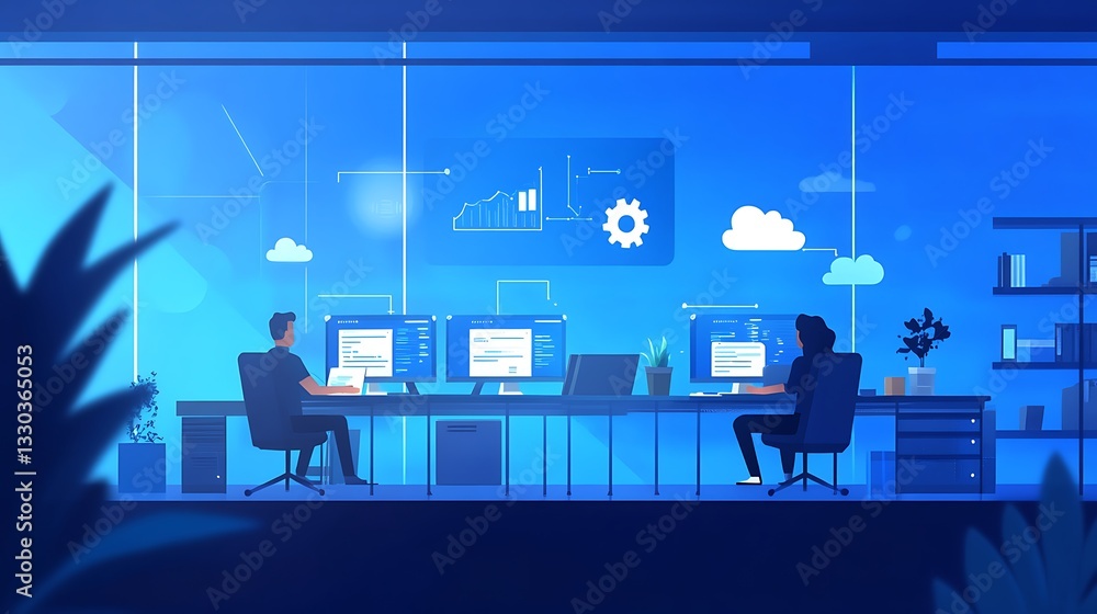 Poster developers working on computers in modern office with digital interface