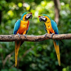 Obraz premium Colorful Parrots Perched Playfully on Branches in Lush Greenery