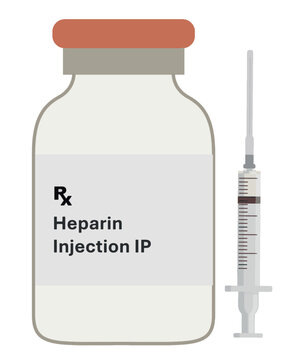 Heparin injection vial, medicine in syringe isolated on white background. HEPARIN medicine. Vector illustration. Heparin anticoagulant cleansing drug syringe.