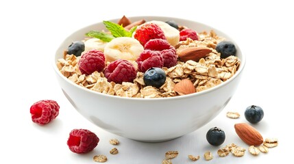 Bowl of oatmeal with tasty ingredients isolated