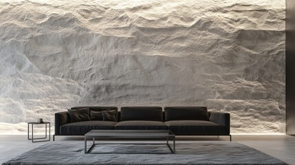 A serene living space with a textured light grey stone wall, a charcoal black sofa with a low profile, and a minimalistic metal-framed coffee table