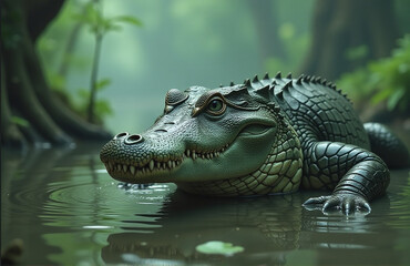 Obraz premium An Ancient Alligator Dwells In A Swampy Realm Where It Dances With Predators, Hiding Its True Nature Behind The Mist.