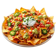 A Cheesy Nacho Platter with Melted Cheese and Jalape&ntilde;os Isolated on Transparent Background