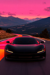 Fototapeta premium Sleek Black Sports Car on Vibrant Mountain Road at Sunset