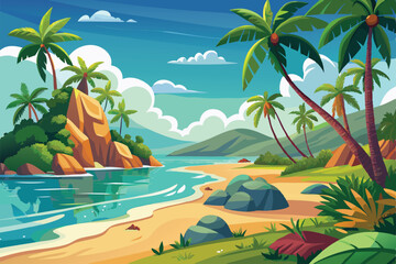 Obraz premium A stunning tropical beach features turquoise waters, swaying palm trees, and a rocky shoreline under a bright sky, Tropical beach landscape,