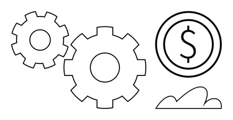 Interconnected gears with a dollar sign and a minimal cloud element. Ideal for business, finance, teamwork, operational strategy, workflow optimization, economic growth, flat simple metaphor