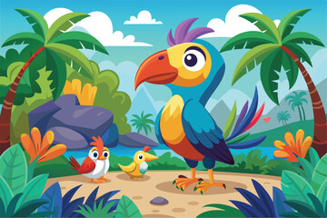 A colorful scene featuring tropical birds in a lively jungle with lush greenery and hills, Tropical birds Customizable Cartoon Illustration