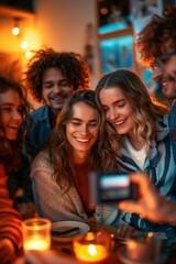Fototapeta premium Friends create lasting memories at a party by capturing Polaroid images and celebrating together in a cozy atmosphere