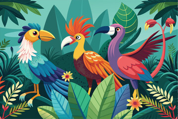 Obraz premium Three exotic tropical birds with striking plumage gather in a vibrant jungle filled with greenery, Tropical birds Customizable Disproportionate Illustration