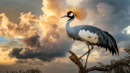 Fototapeta premium Majestic crane perched atop a branch against a dramatic sunset sky