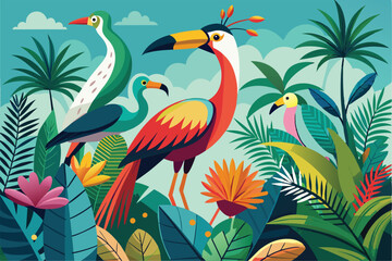 A variety of tropical birds gather among vibrant plants and flowers in a lush jungle environment, Tropical birds Customizable Semi Flat Illustration