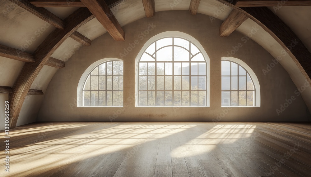 Poster spacious loft room with arched windows visualized in a 3d render. an airily designed space featuring