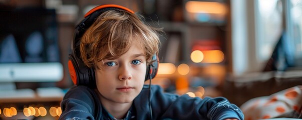 Young boy engaged in online studies with speech-to-text AI tool for language enhancement and learning efficiency